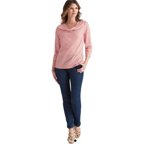 W. Lane Deep Orange White Stripe Linen 3/4 Sleeve Cowl Neck Shirt - Picture 4 of 13